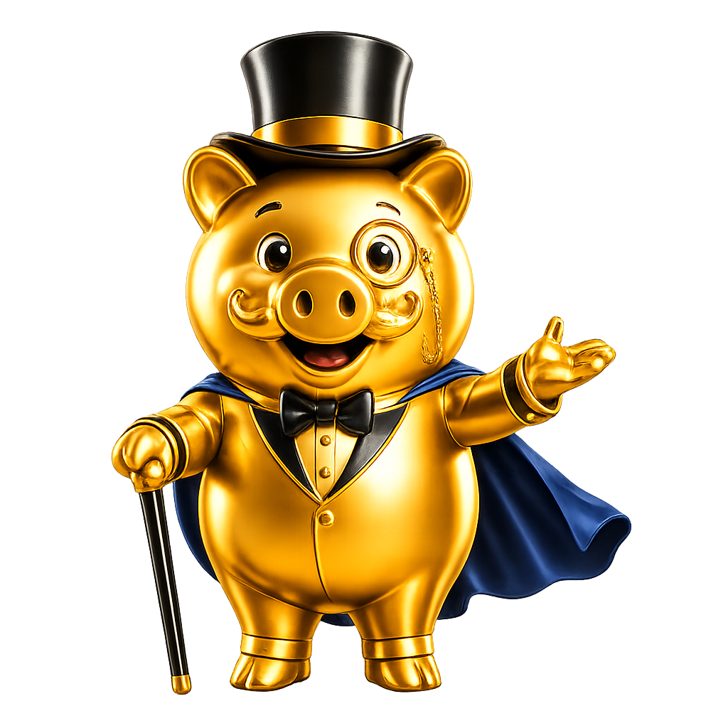 StudioUI gold pig mascot in top hat, cape and tuxedo