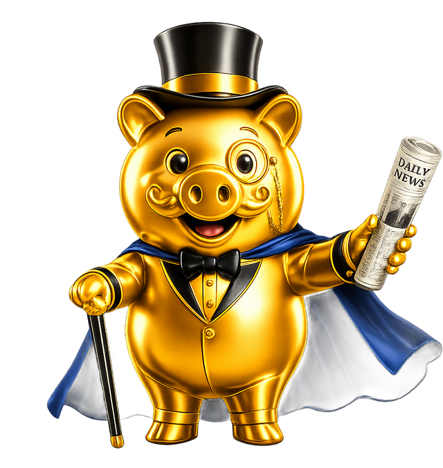 StudioUI gold pig mascot in top hat and cape holding the Daily News