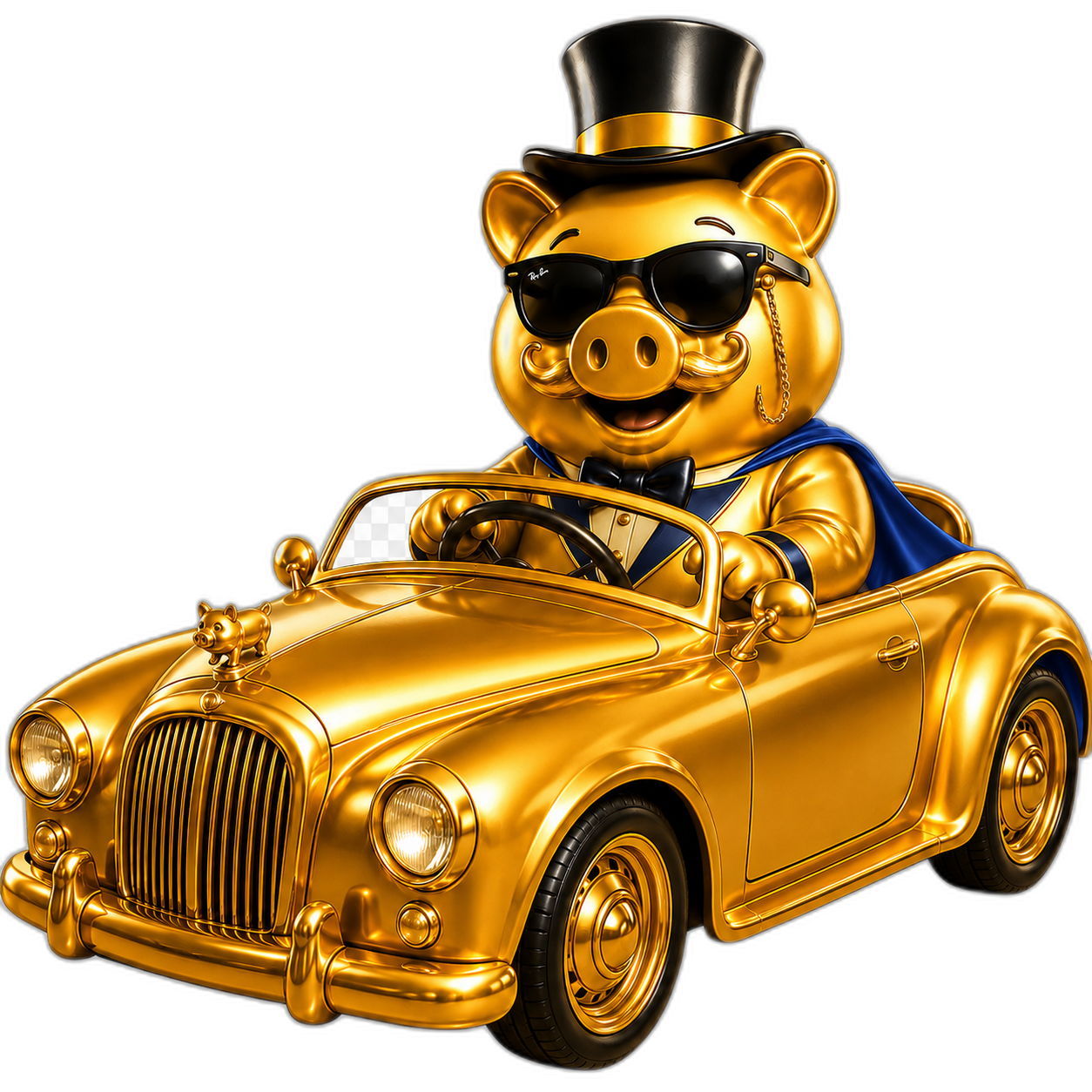 StudioUI money-maker mascot driving a gold car