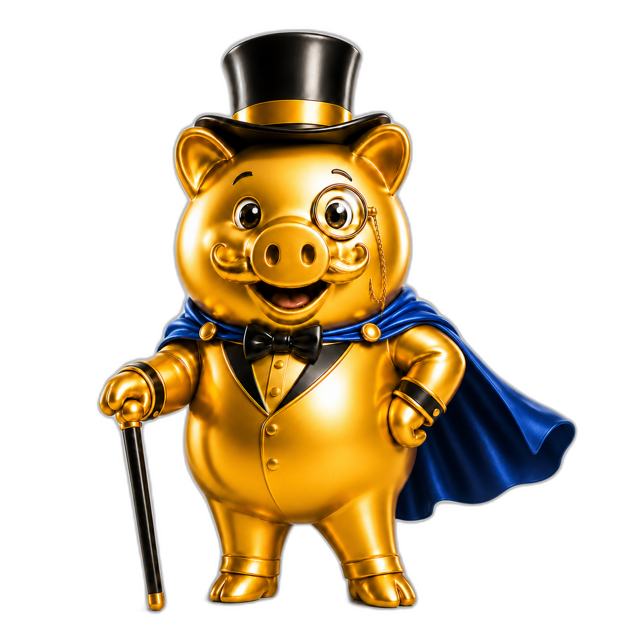 StudioUI gold pig mascot in top hat, monocle, cape and tuxedo
