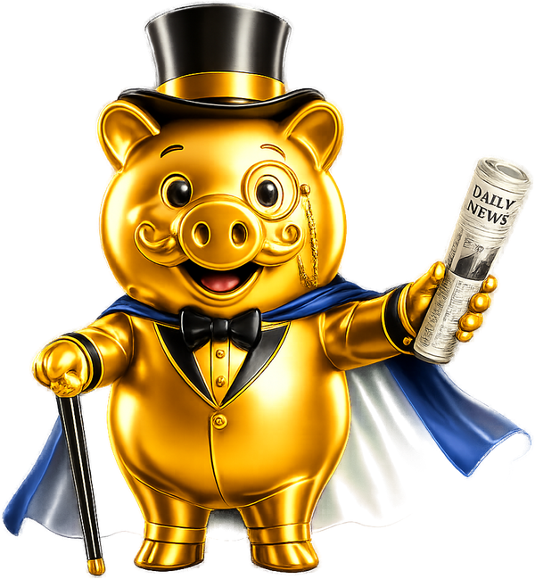 StudioUI gold pig mascot holding the daily news