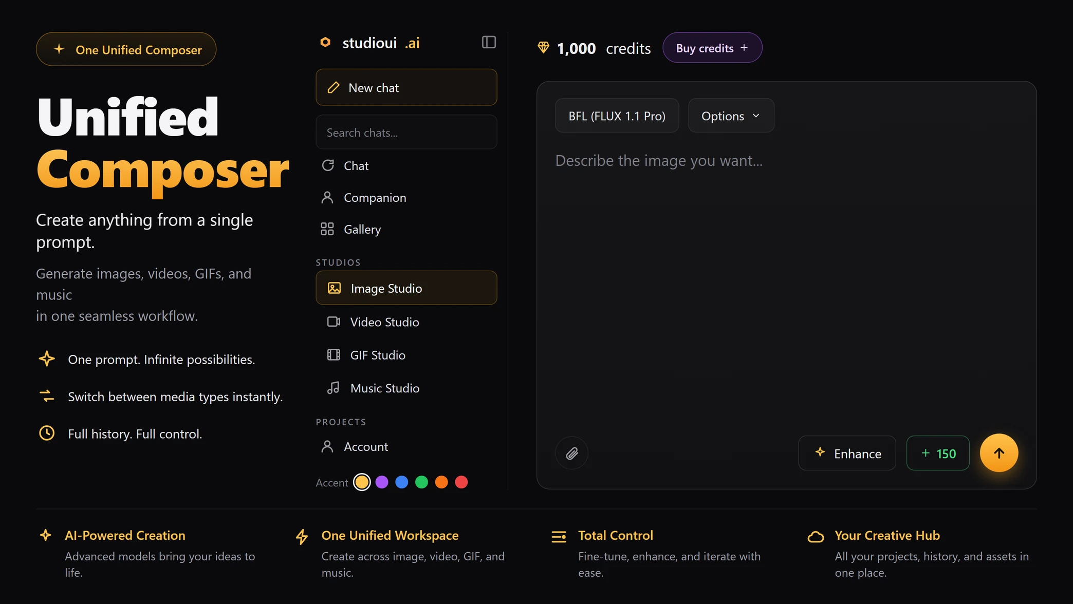StudioUI Unified Composer — prompt bar, model picker, credit meter and the Image, Video, GIF and Music studios in one interface